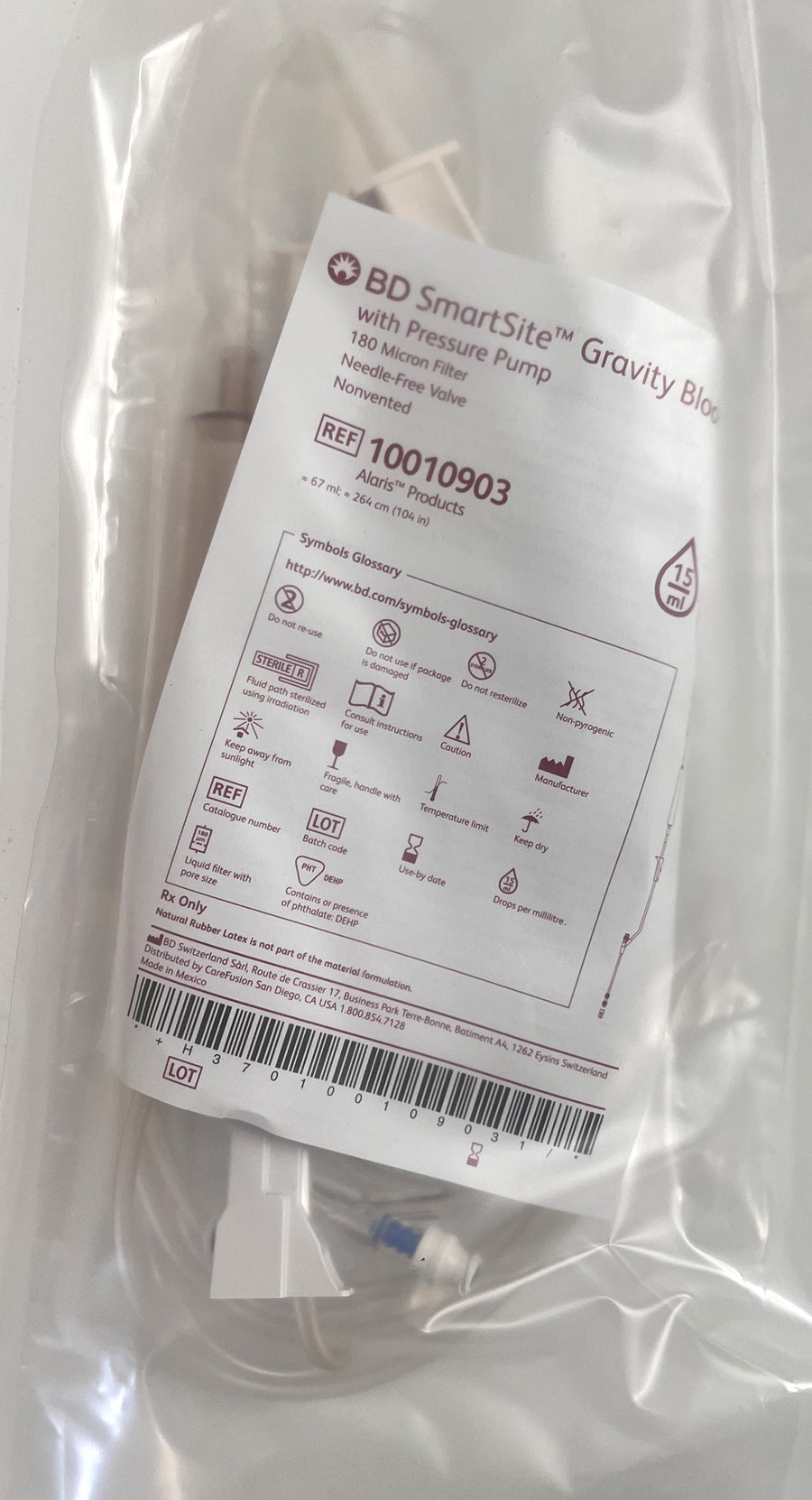 Gravity Blood Set with Pressure Pump, 15 drop, 180 micron filter, 20 per case. Ensures efficient blood transfusion control.