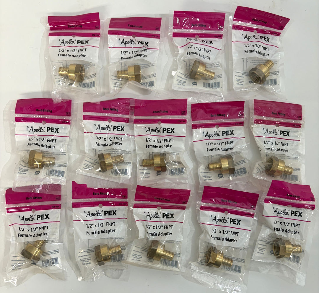 Array of Apollo brass plumbing adapters with 1/2-inch PEX barb and female threaded ends, individually packaged in clear and pink plastic bags on a white surface.