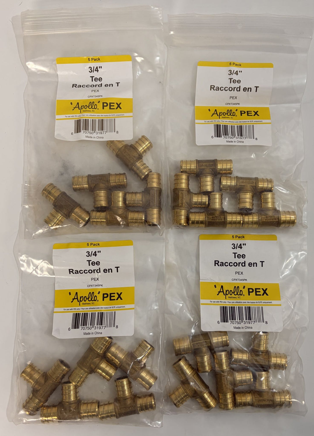 Apollo 3/4" Brass PEX Barb Tee Fittings – 20-Pack (4×5) Lead-Free Crimp Tees