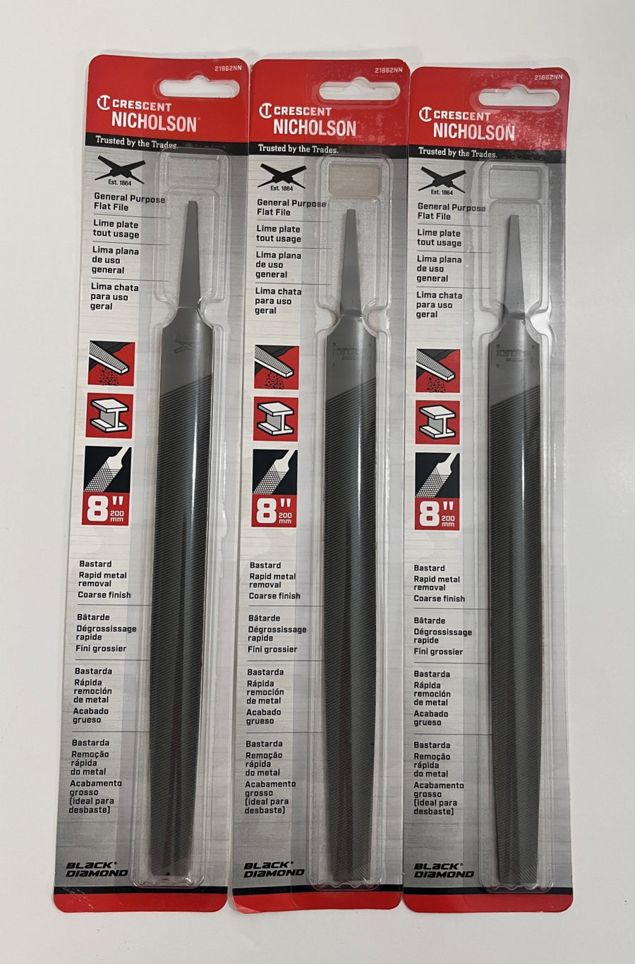 Nicholson 21862NN 8" Flat File 3-Pack shown in original packaging, new condition, for metalwork