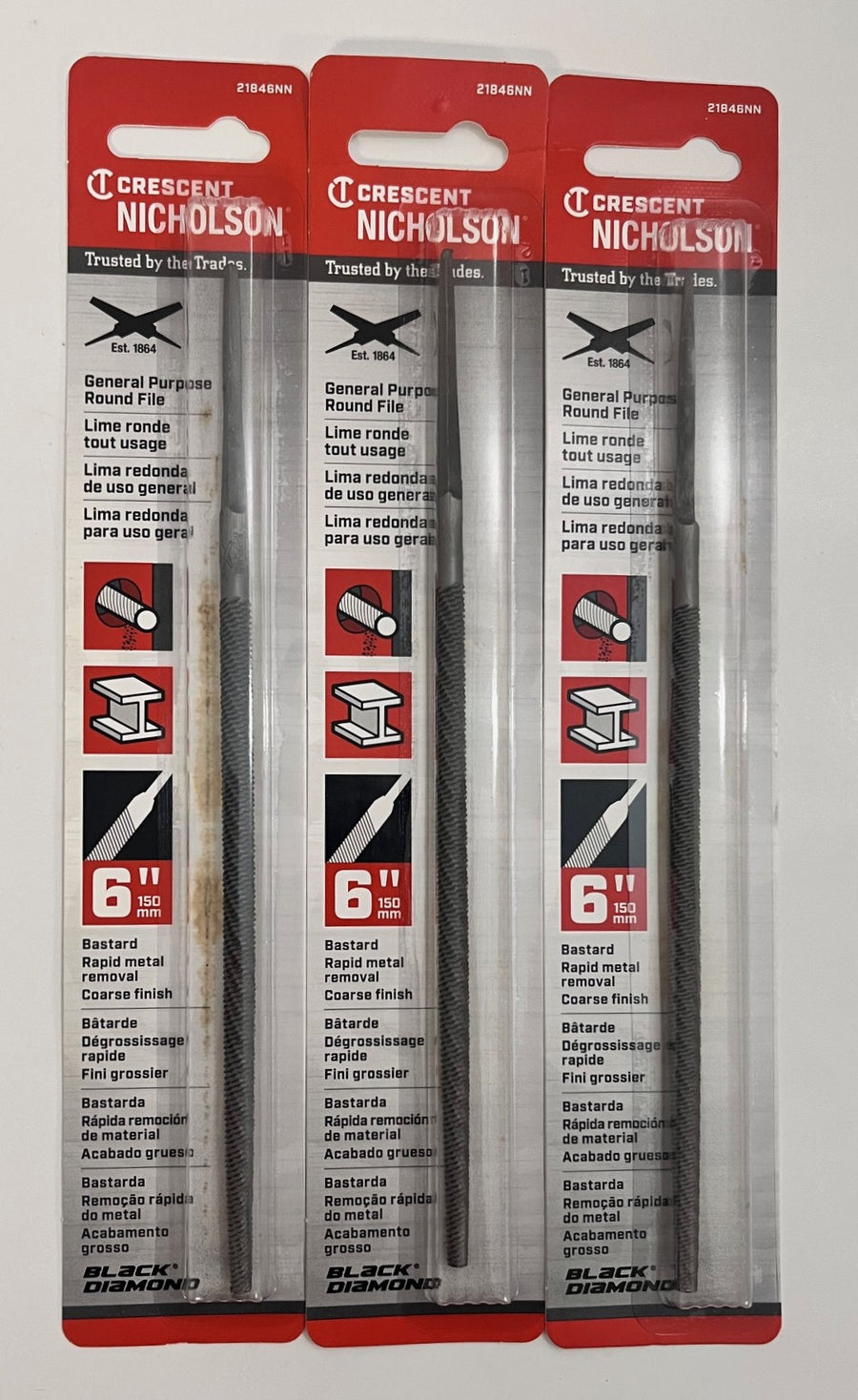 Nicholson 6" Bastard Cut Round File 21846NN 3-Pack in packaging, ideal for smoothing round surfaces