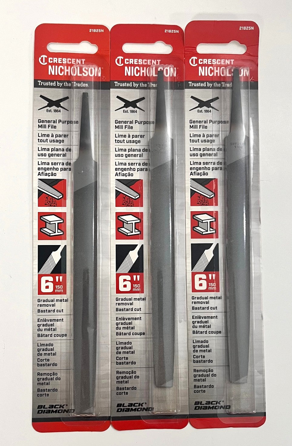 Nicholson 21825N 6" Black Diamond Bastard Cut Mill File (3-Pack)
