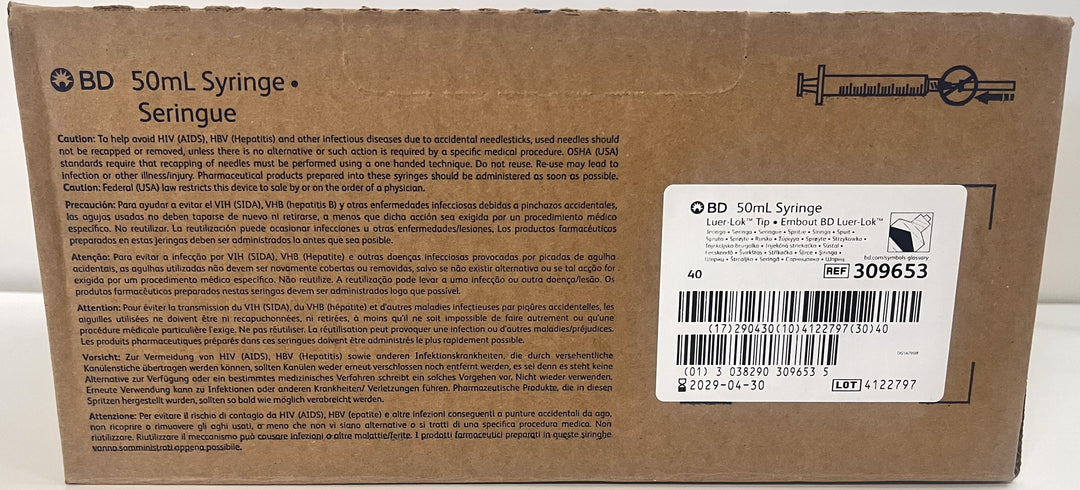 Box of 40 syringes with 50ml capacity, featuring a Luer-Lok tip for secure needle attachment, ideal for precise fluid dispensing.