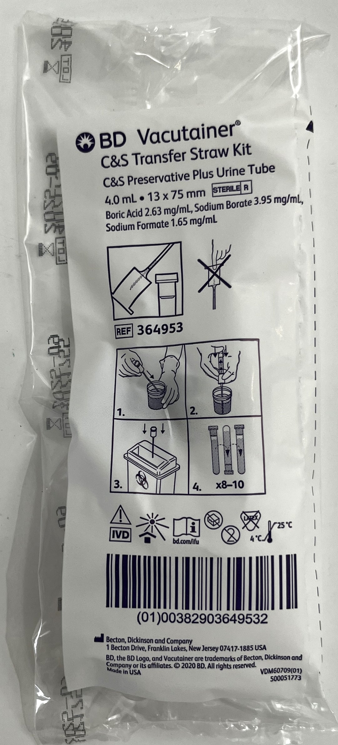 Vacutainer C&S transfer straw kit, 364953, for safe specimen transfer, 50 per box, ideal for culture and sensitivity testing.