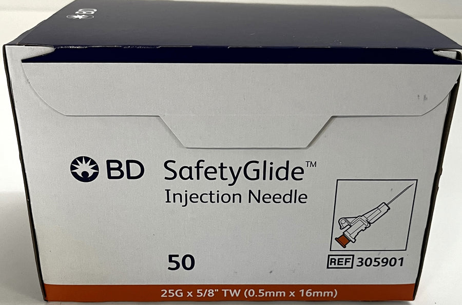 SafetyGlide 25G x 5/8" injection needle, 305901, with a safety shield for protection, 50 per box, ideal for safe injections.