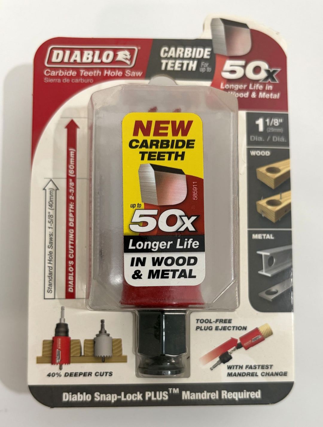 Diablo carbide teeth hole saw in clear packaging with label highlighting up to 50 times longer life for cutting wood and metal, displayed on branded backing card.