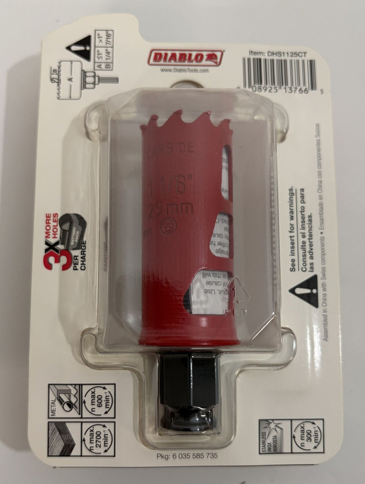 Red Diablo hole saw with carbide teeth designed for high-speed cutting, packaged for industrial and hardware applications in a clear plastic blister pack.