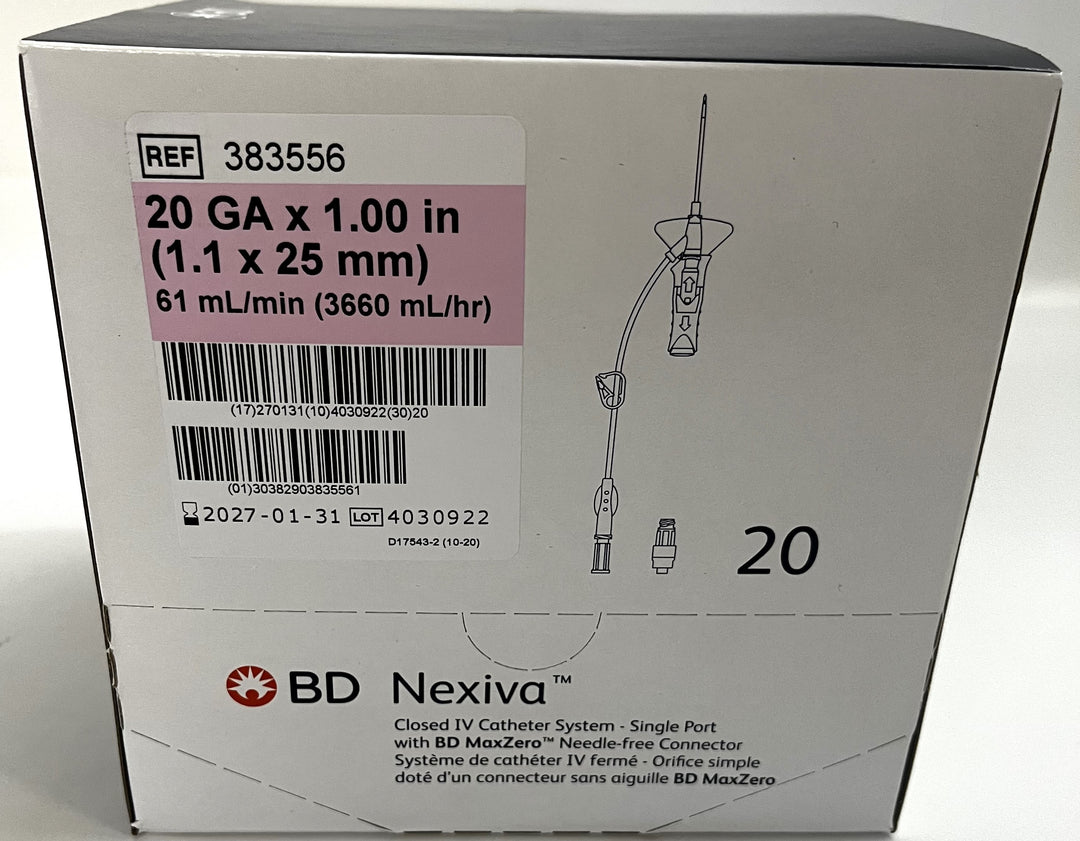 Nexiva 383556 Closed IV Catheter System, Single Port, 20GA x 1", Pink, 20/box.