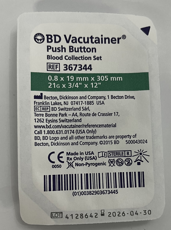 Vacutainer Push Button Blood Collection Set 21G x 3/4" x 12" 367344 (50 EA/Box)