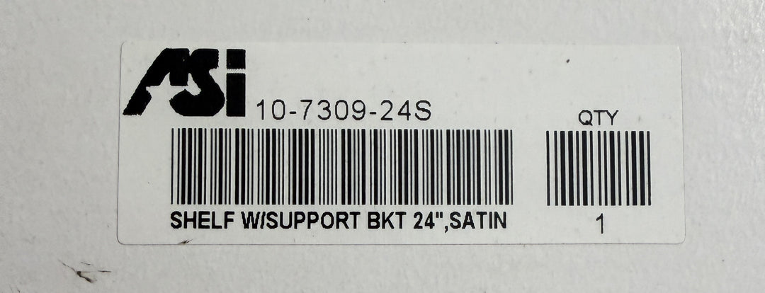 Label for ASI wall-mounted stainless steel shelf with support bracket, featuring product code and quantity details on a white adhesive sticker.