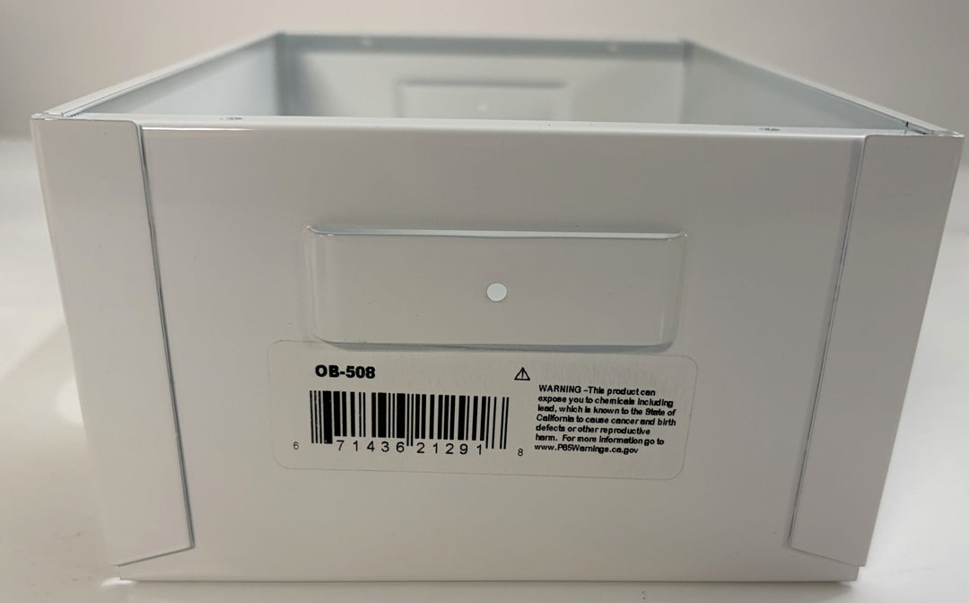 White rectangular box with a label on a white background