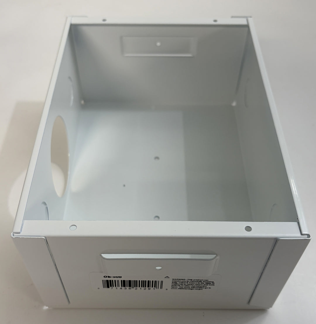 Metal box with a label on a white background