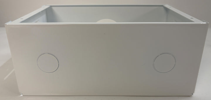 White rectangular planter box with circular drainage holes on a white background