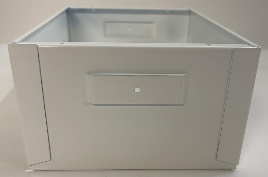 Metallic storage box with a handle on a white background