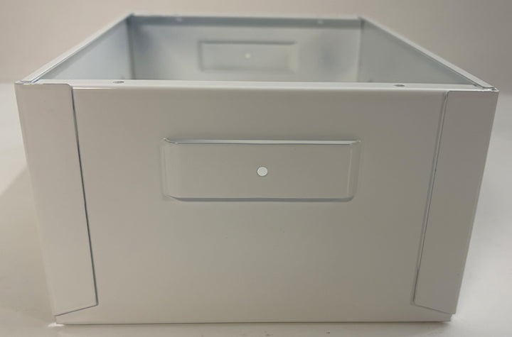 Metallic storage box with a handle on a white background
