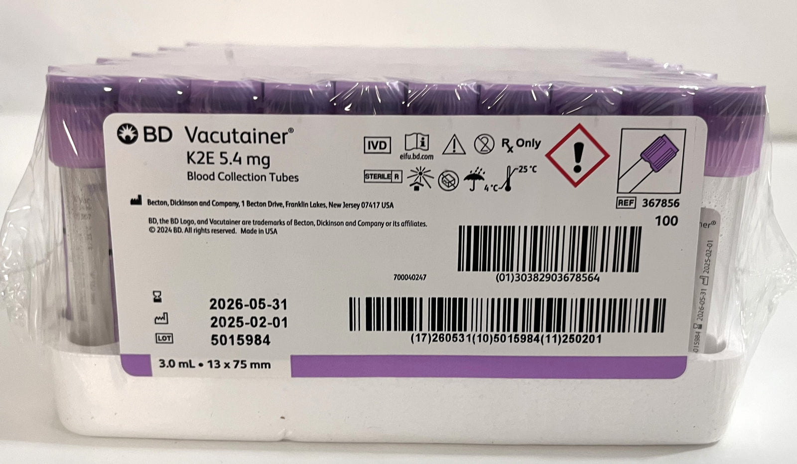BD367856 Vacutainer 3mL K2E 5.4mg Blood Tubes, 100-Count (25-Pack)