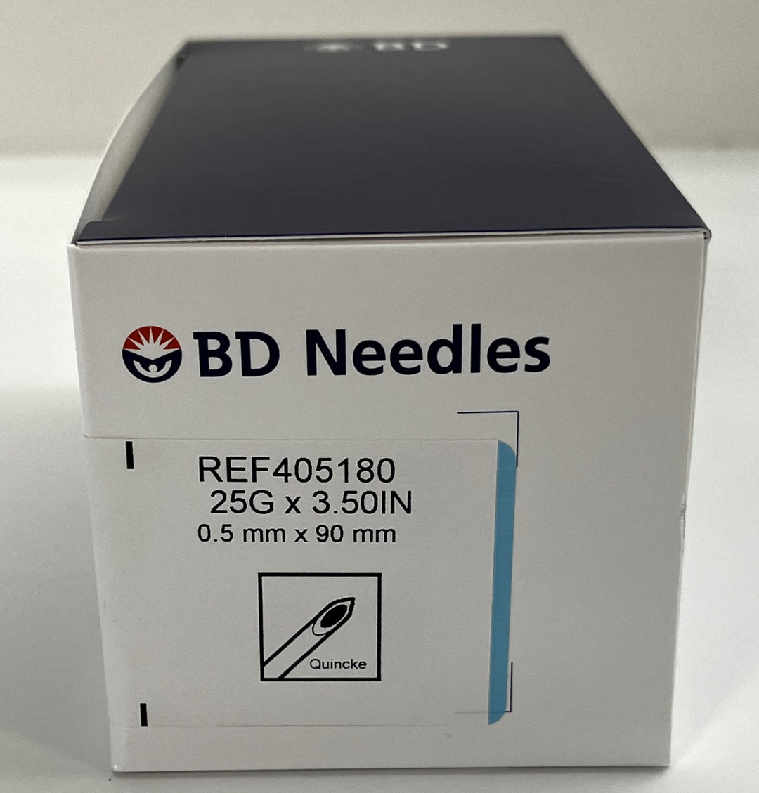 Box of BD Spinal Needles 25G x 3.5 in. containing 25 sterile needles. 