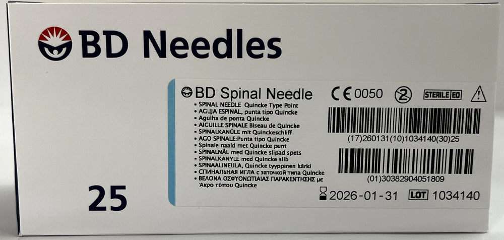 Box of BD Spinal Needles 25G x 3.5 in. containing 25 sterile needles.