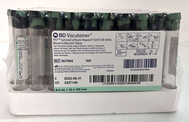 BD Vacutainer 367964 PST Gel & Lithium Heparin (LH) Blood Collection Tubes (100 Pack)