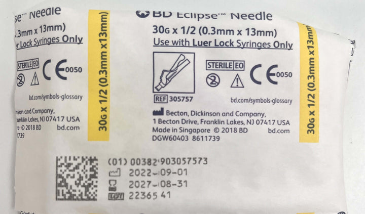 BD 305757 Eclipse Injection Needle 30G x 1/2" (100/Box)