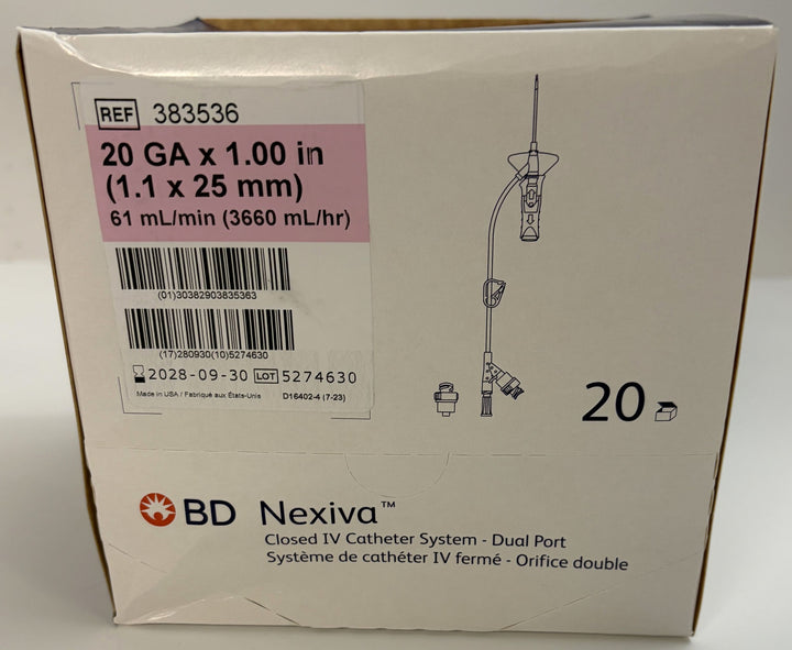 White box packaging of a BD Nexiva closed IV catheter system featuring product specifications, barcode, and a simple line drawing of the dual-port catheter device on its front.