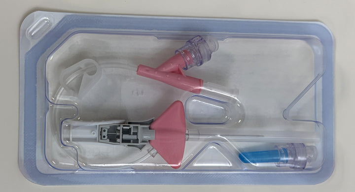 Sterile medical device in sealed packaging featuring a BD dual port closed IV catheter system with a pink winged needle and tubing designed for intravenous access.