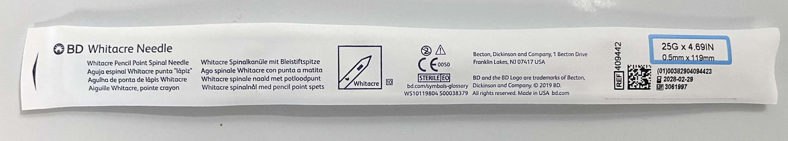 10-pack of 409442 Whitacre Spinal Needles, 25G x 4.69", pencil point, sterile.