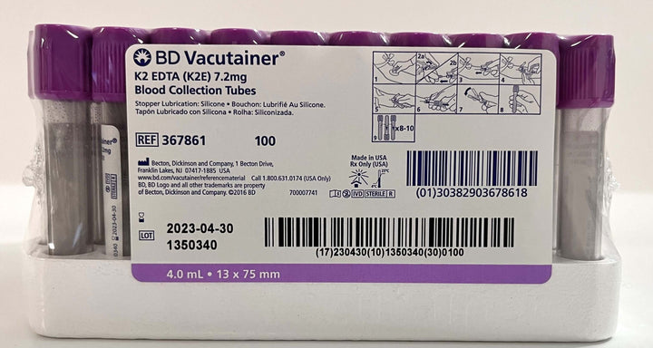 BD Vacutainer 367861 K2 EDTA (K2E) 7.2mg Blood Collection Tubes