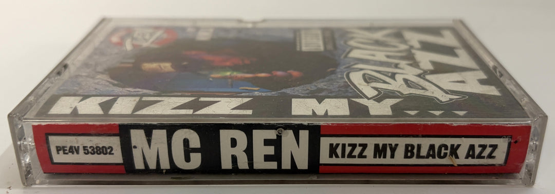 Side view of a pre-owned MC Ren Kizz My Black Azz cassette tape from Priority Records with distinct black and red label details in clear plastic case.