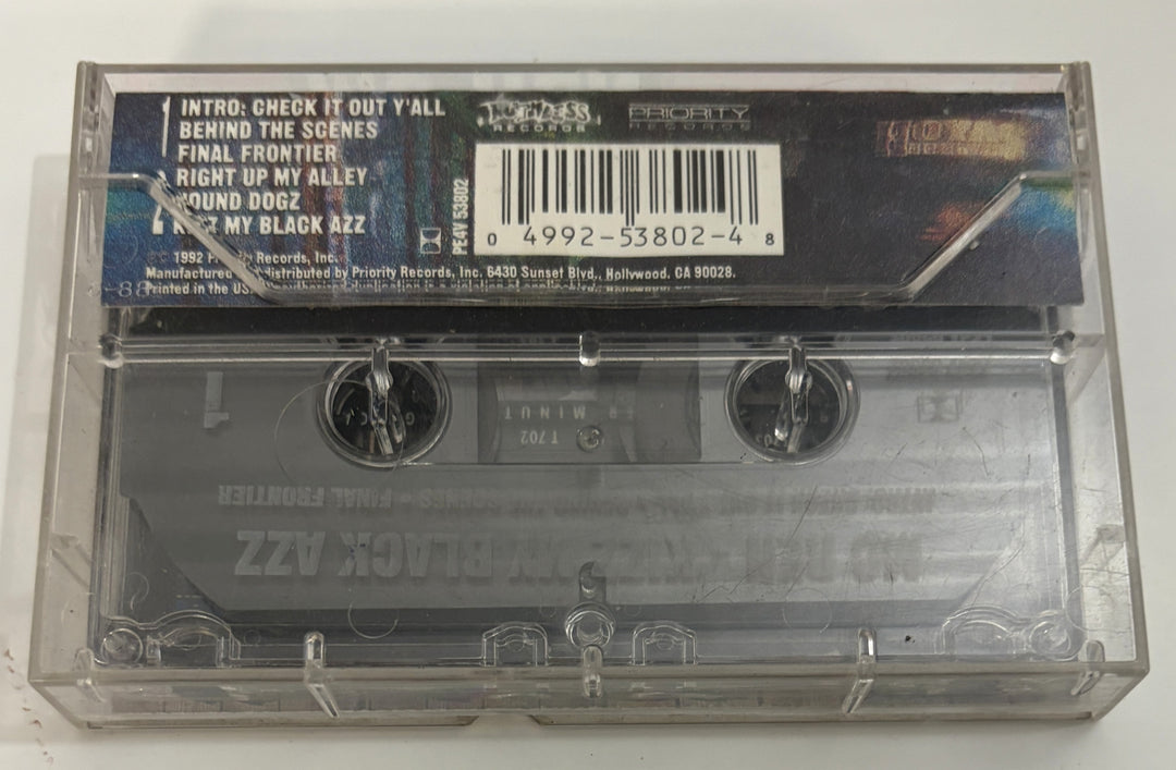 Back view of a clear cassette tape case featuring track listing, barcode, and label details from Priority Records for a pre-owned 1992 hip-hop album.