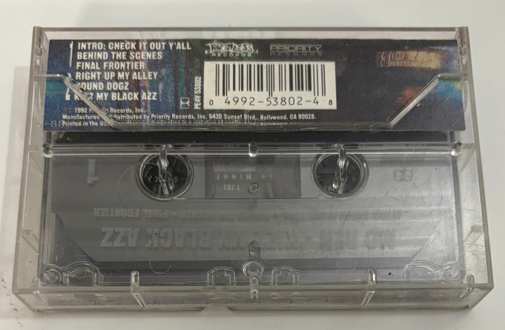 Back view of a clear cassette tape case featuring track listing, barcode, and label details from Priority Records for a pre-owned 1992 hip-hop album.