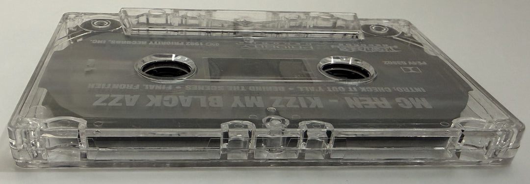 Clear plastic cassette tape featuring a black label with white text for MC Ren’s 1992 release, resting on a white surface, offered by Priority Records.