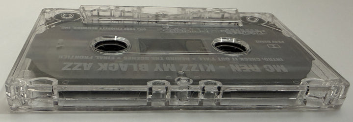 Clear plastic cassette tape featuring a black label with white text for MC Ren’s 1992 release, resting on a white surface, offered by Priority Records.