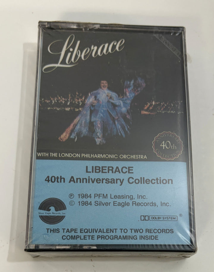 Sealed cassette tape of the Liberace 40th Anniversary Collection featuring the London Philharmonic Orchestra, produced by PFM and Silver Eagle Records.
