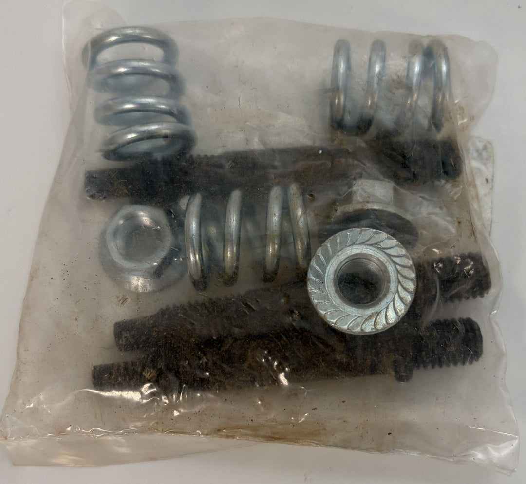 Clear plastic bag containing an unbranded exhaust spring bolt kit with metal springs, bolts showing minor surface rust, and matching nuts displayed on a white background.