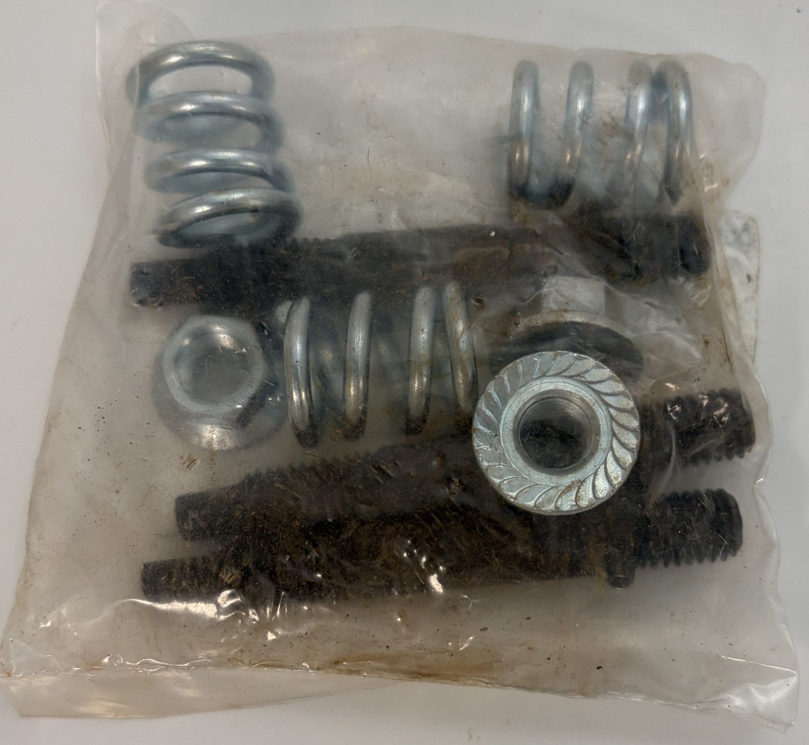 Clear plastic bag containing an unbranded exhaust spring bolt kit with metal springs, bolts showing minor surface rust, and matching nuts displayed on a white background.