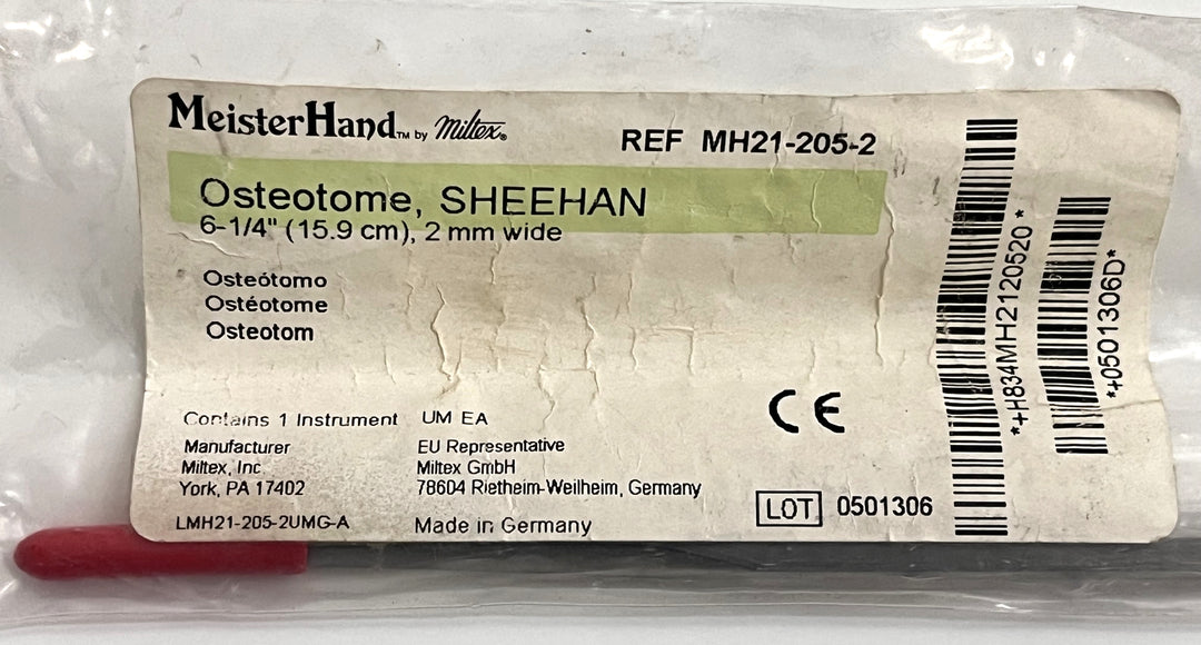 Miltex MH21-205-2 Osteotome, Sheehan, 6-1/4" (15.9 cm) length, 2 mm wide blade.