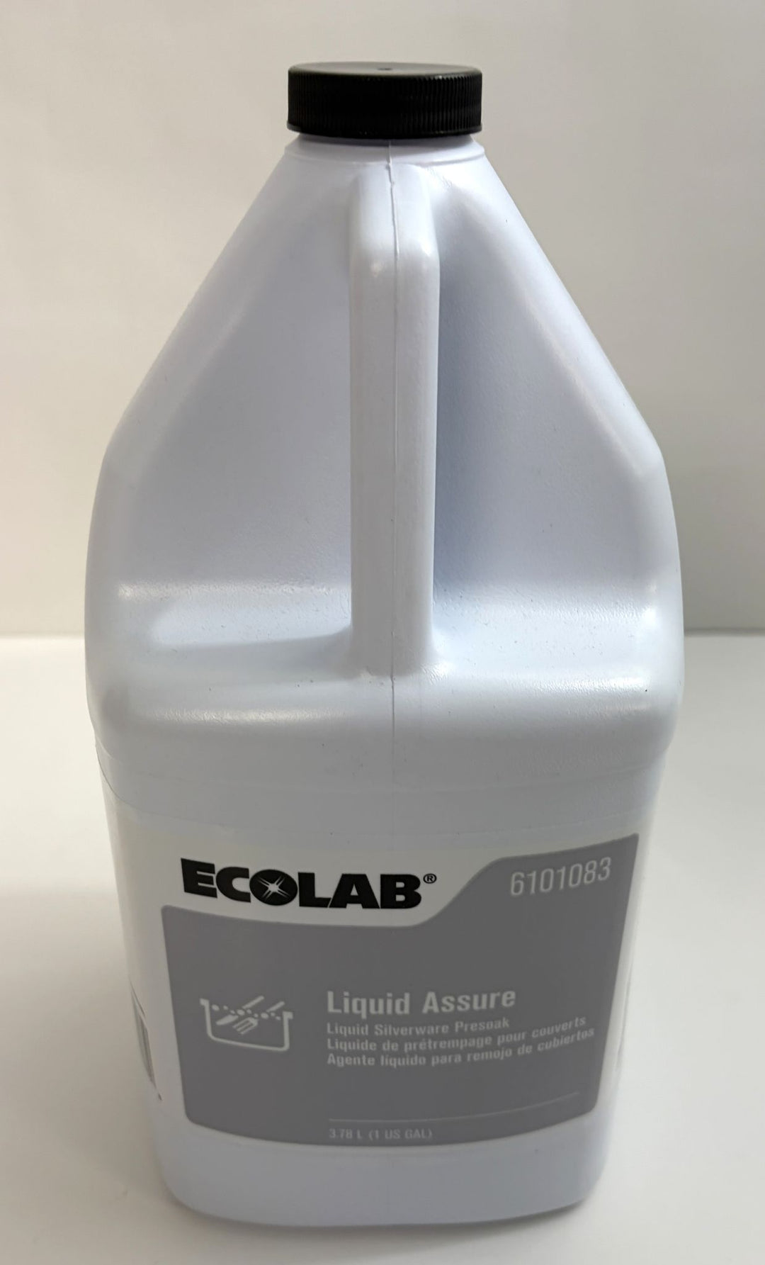 White plastic gallon container of Ecolab Liquid Assure silverware presoak with a black screw cap, designed for commercial cleaning use in industrial or business settings.
