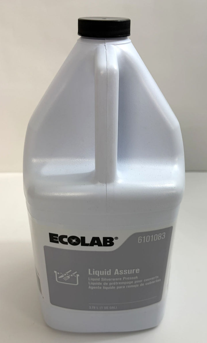 White plastic gallon container of Ecolab Liquid Assure silverware presoak with a black screw cap, designed for commercial cleaning use in industrial or business settings.
