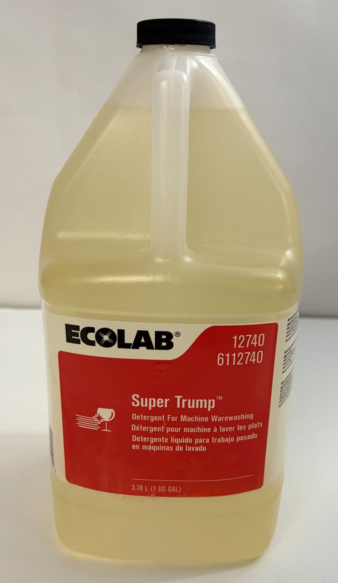 Ecolab Super Trump detergent bottle on a white background