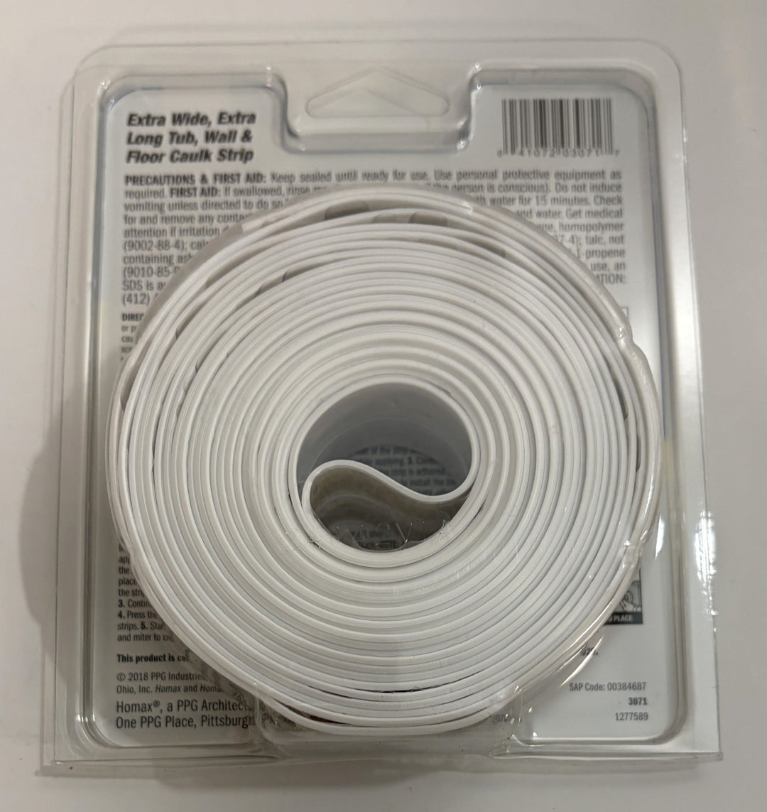 Roll of white caulk strip in packaging with text on a white background