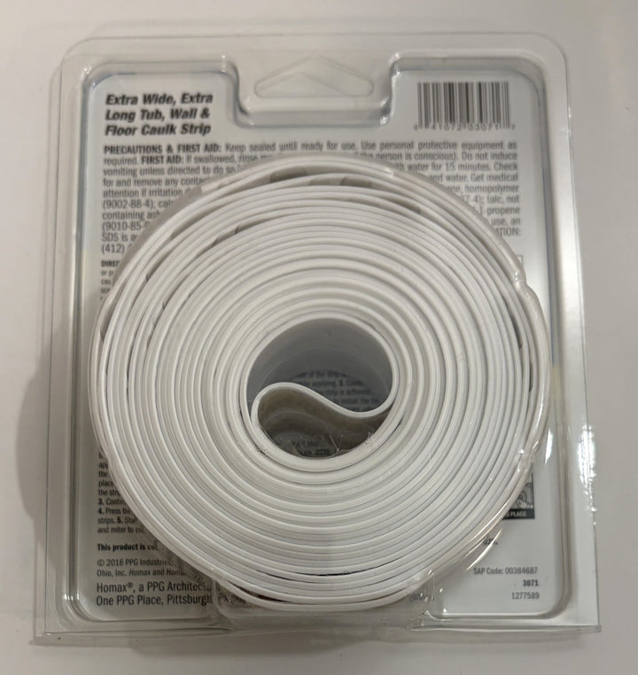 Roll of white caulk strip in packaging with text on a white background