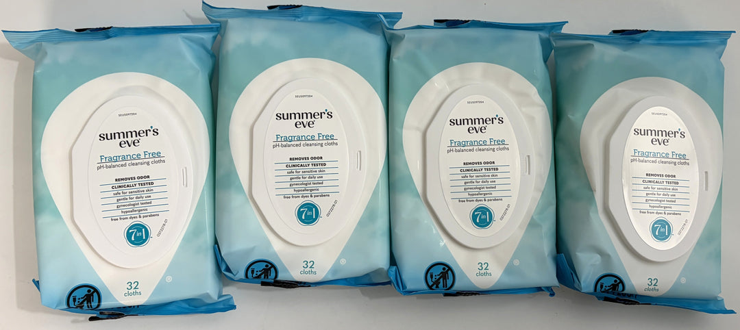 Four packages of 'Summer's Eve' wipes on a light gray background