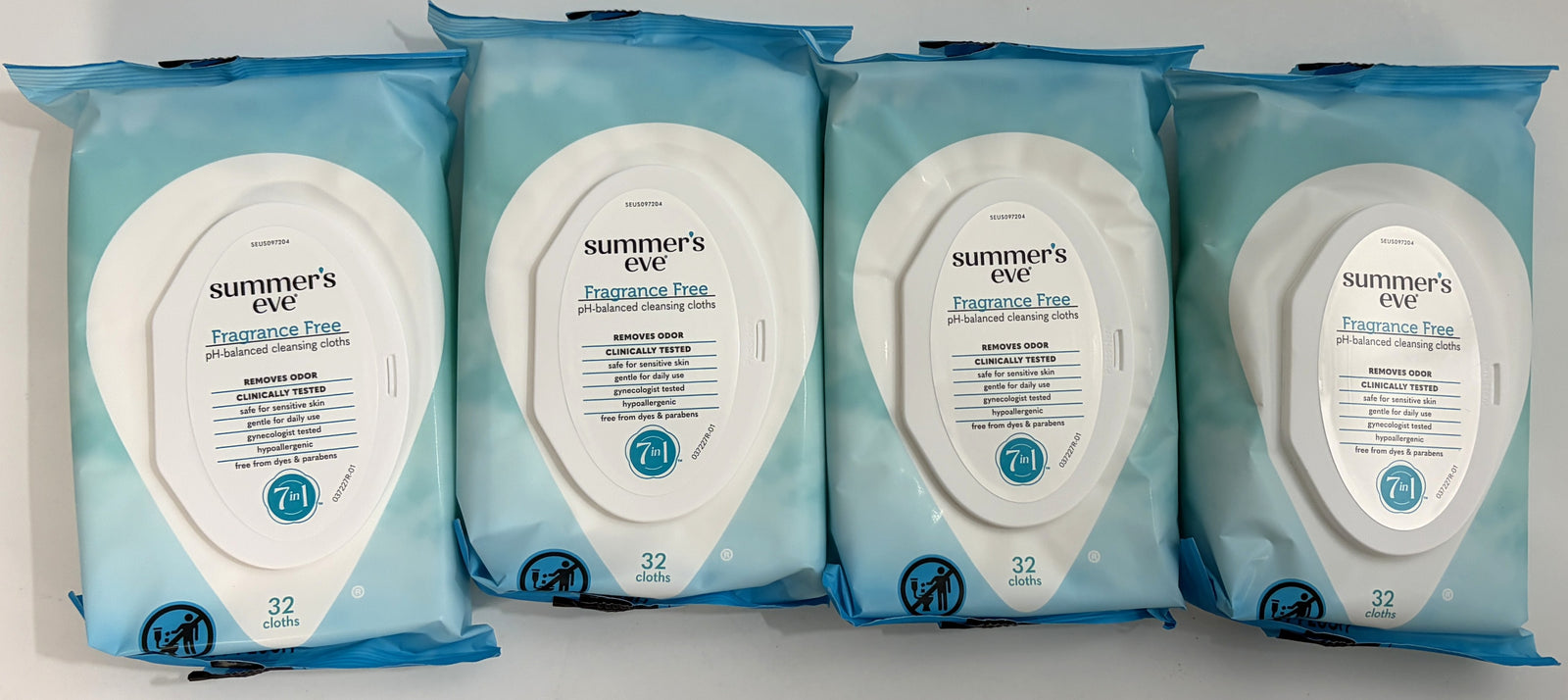 Four packages of 'Summer's Eve' wipes on a light gray background