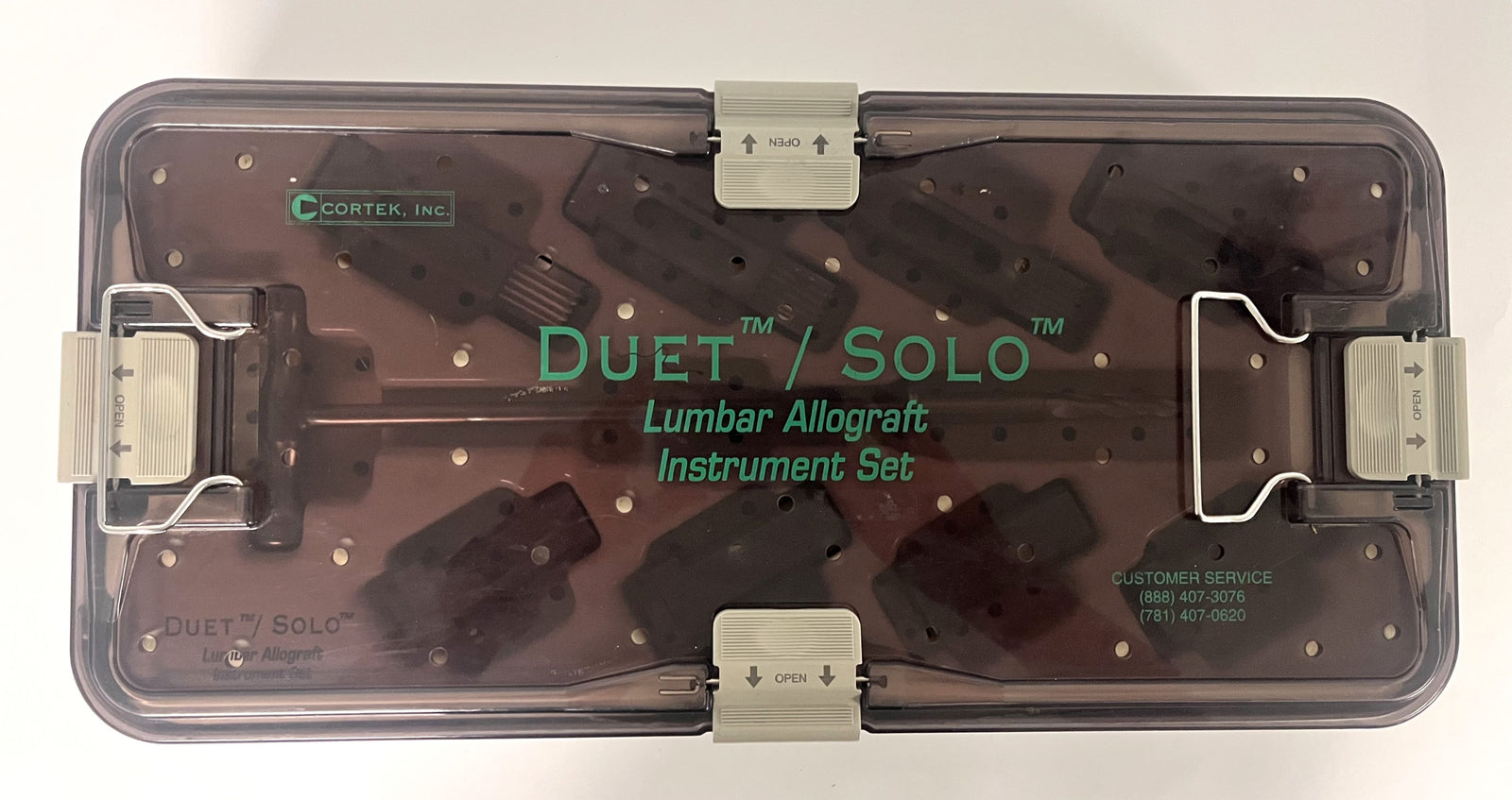Duet/Solo Lumbar Allograft Instrument Set by Cortek with case, includes reamers, guides, and tomes
