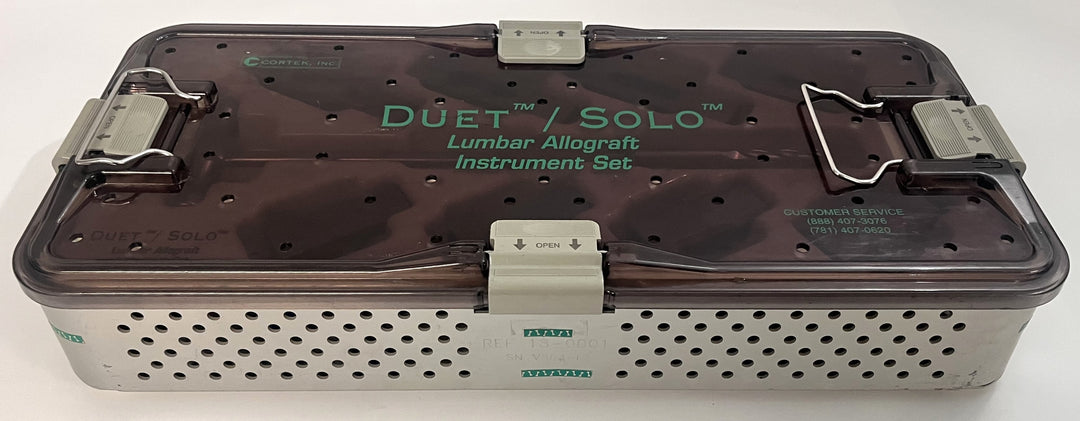 Duet/Solo Lumbar Allograft Instrument Set by Cortek with case, includes reamers, guides, and tomes.