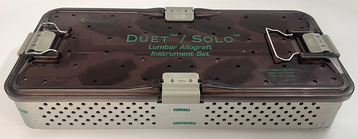 Duet/Solo Lumbar Allograft Instrument Set by Cortek with case, includes reamers, guides, and tomes.