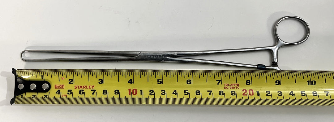 Stainless steel uterine dressing forceps with curved, serrated tips for precise handling of dressings during gynecological procedures.