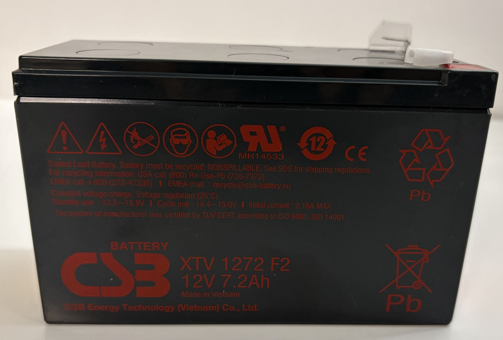 CSB battery with warning symbols and specifications on a white background