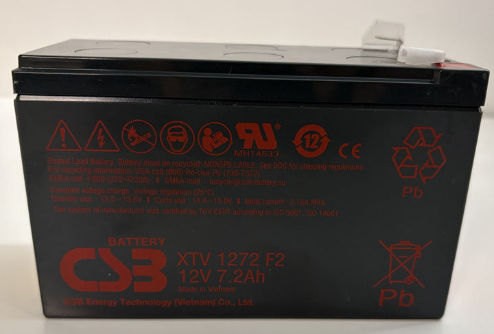 CSB battery with warning symbols and specifications on a white background